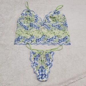 Victorias Secret Green Blue Floral Y2K Camisole Top Large Thong Bikini Small Set